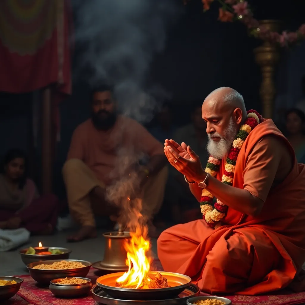Traditional Hindu priest performing havan ceremony with fire and offerings