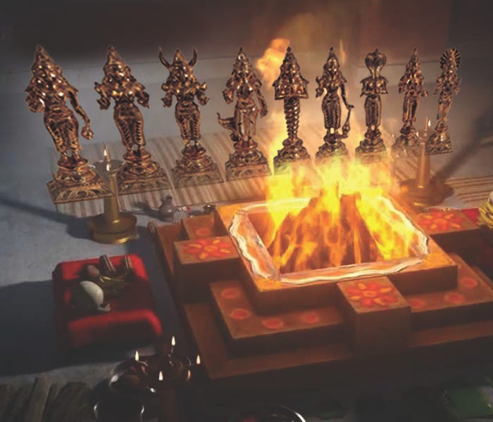 Nav-grah puja setup with family specific requirements being performed